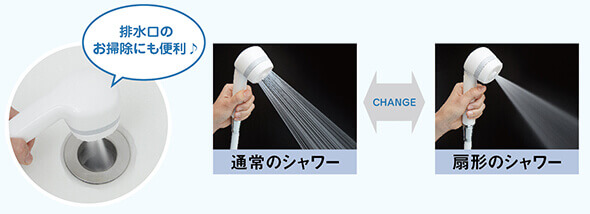 扇形にも切り替えできるお掃除に便利なシャワー！